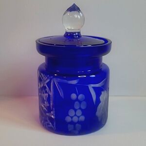 Vintage 1950s Cobalt Blue Crystal Cut Honey/Jam Jar and Lid